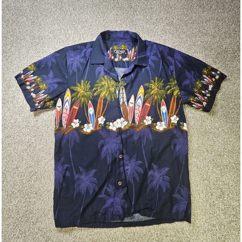 Favant‎ Hawaiian Men's Medium Shirt Button Multi Colored Surfboards Palm Trees
